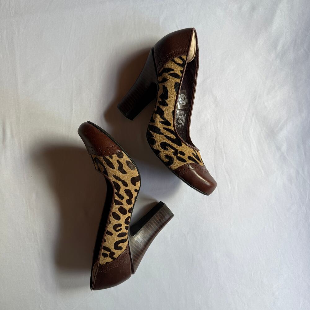 Y2K Fossil Sahara Leopard Pony Hair Leather Heels Sz 8 Retro Statement Preppy